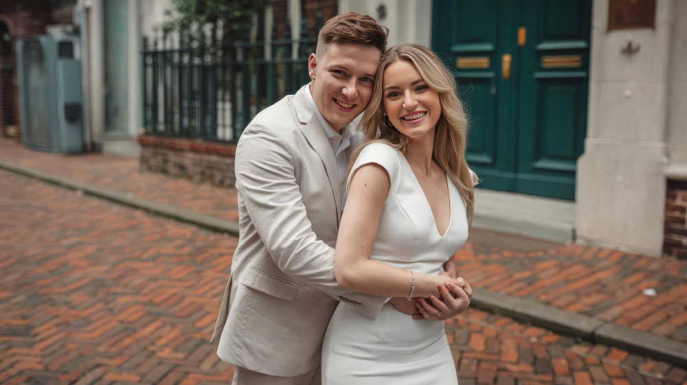 A smiling couple walking together on a city street